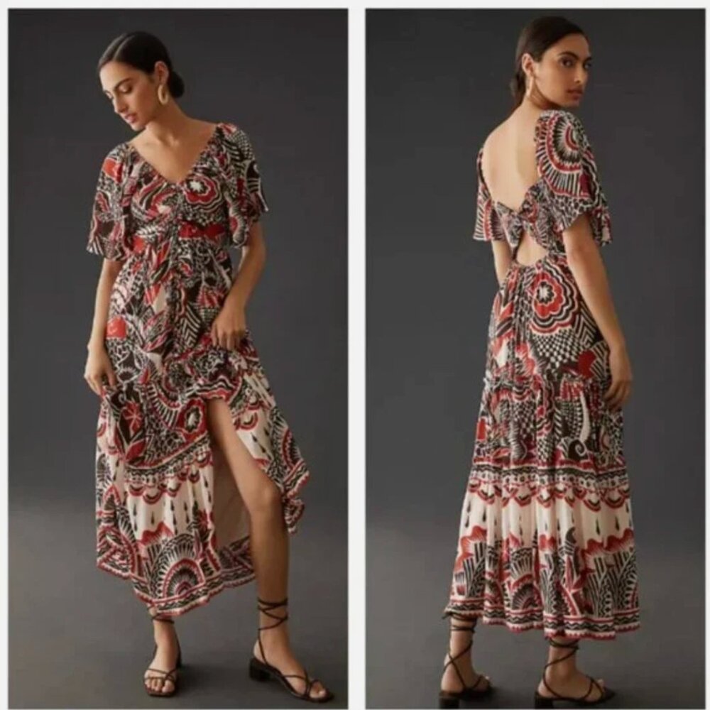 Anthropologie Tiered Maxi Dress Size M Floral Boho Viscose Sun Dress Geometric